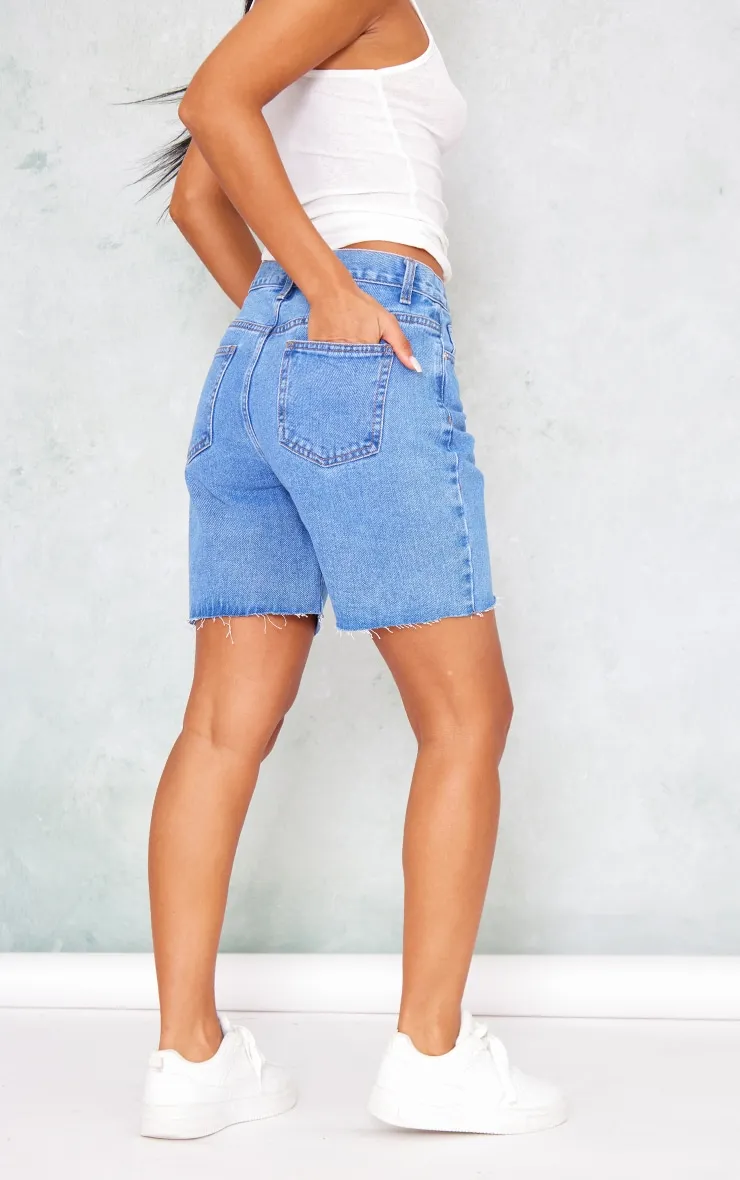 Mid Blue Wash Longline Fitted Denim Shorts