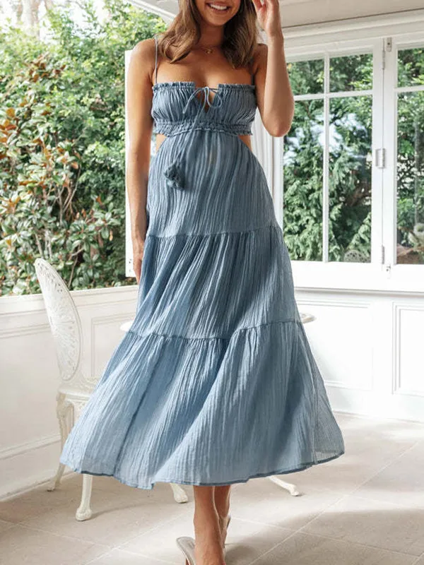 Momnfancy Blue Backless Tie Back Big Swing Flowy Boy Baby Shower Elegant Maternity Midi Dress