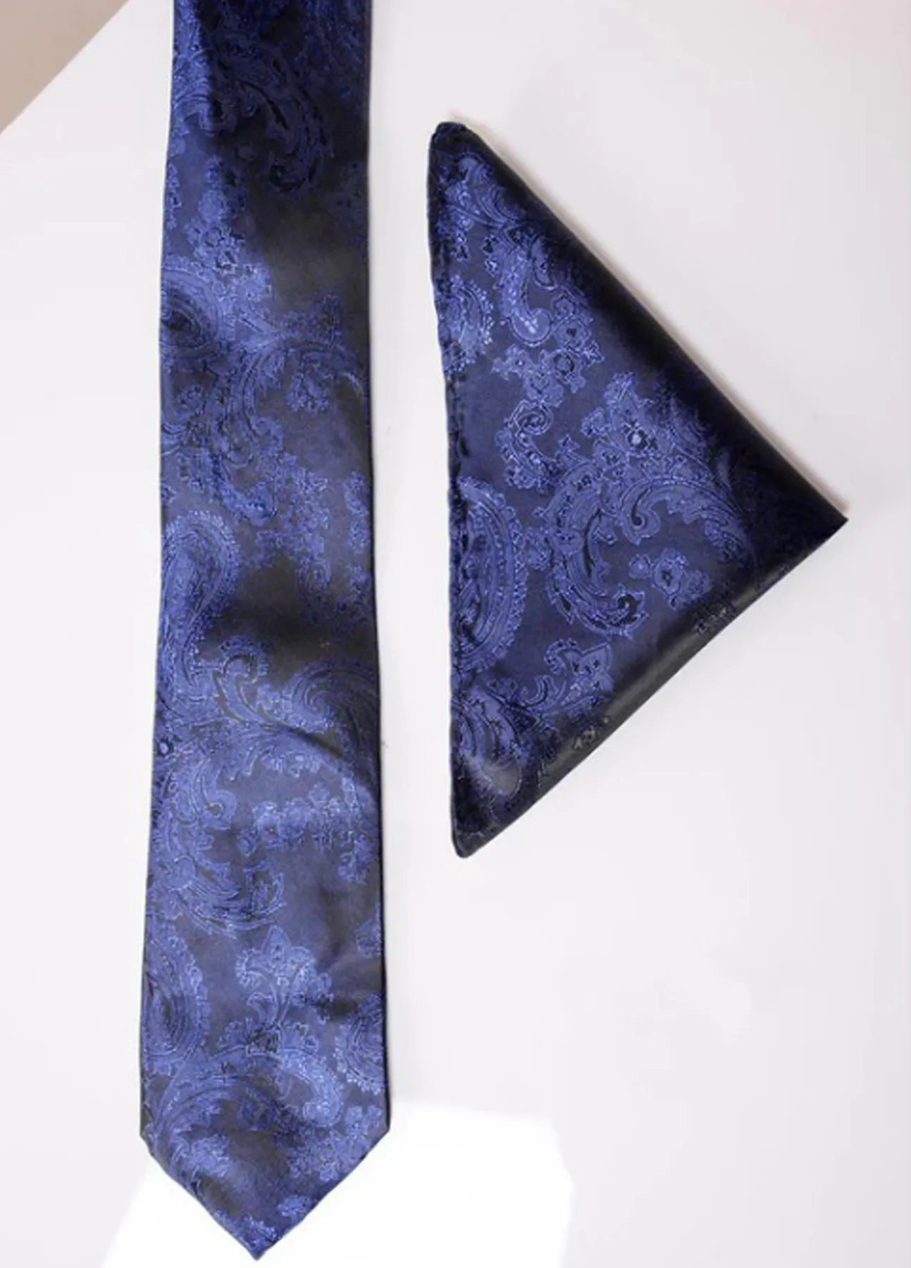 Navy Blue Paisley Motif Tie Set With Matching Pocket Square