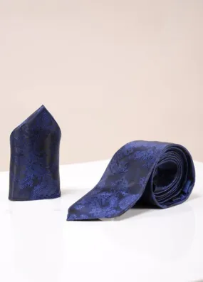 Navy Blue Paisley Motif Tie Set With Matching Pocket Square