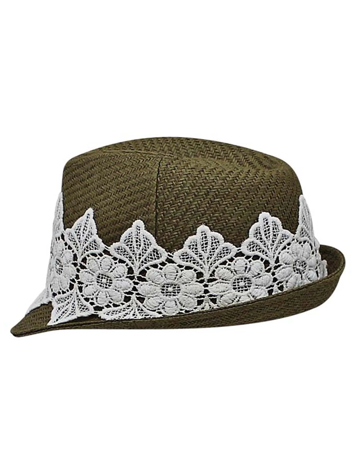 Olive Woven Straw Fedora Hat With White Lace Band