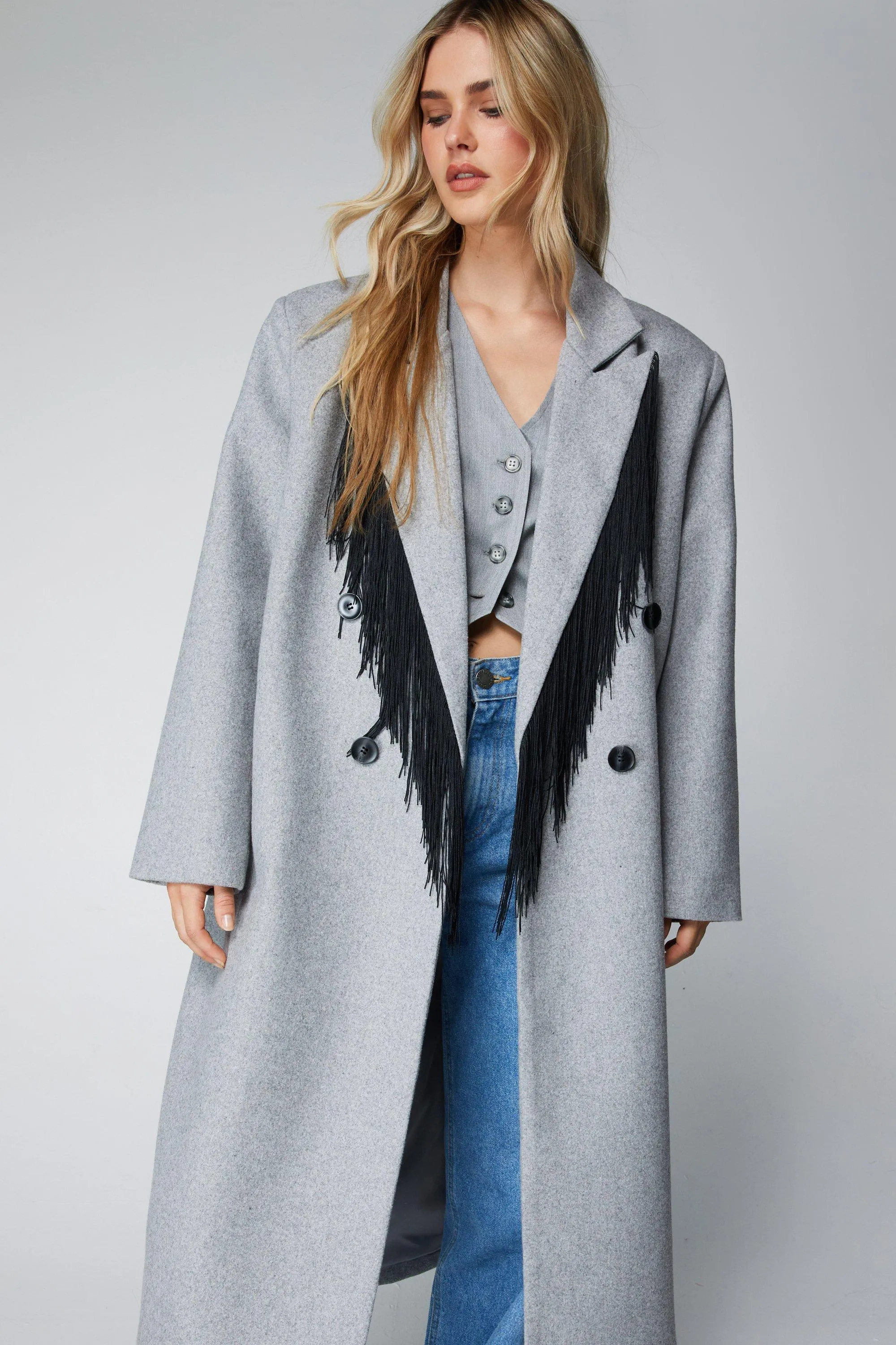 Premium Wool Blend Fringe Coat