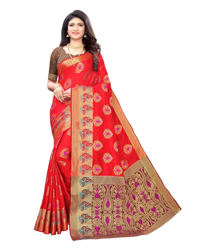 Red Coloured Poly Silk Jacquard Partywear saree