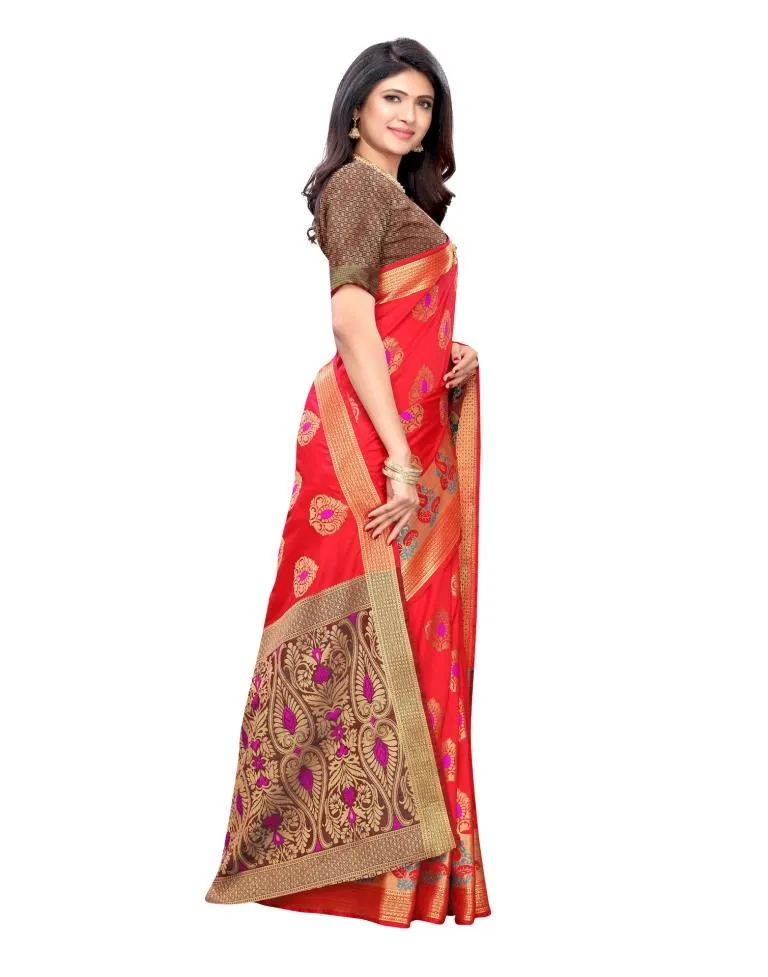 Red Coloured Poly Silk Jacquard Partywear saree