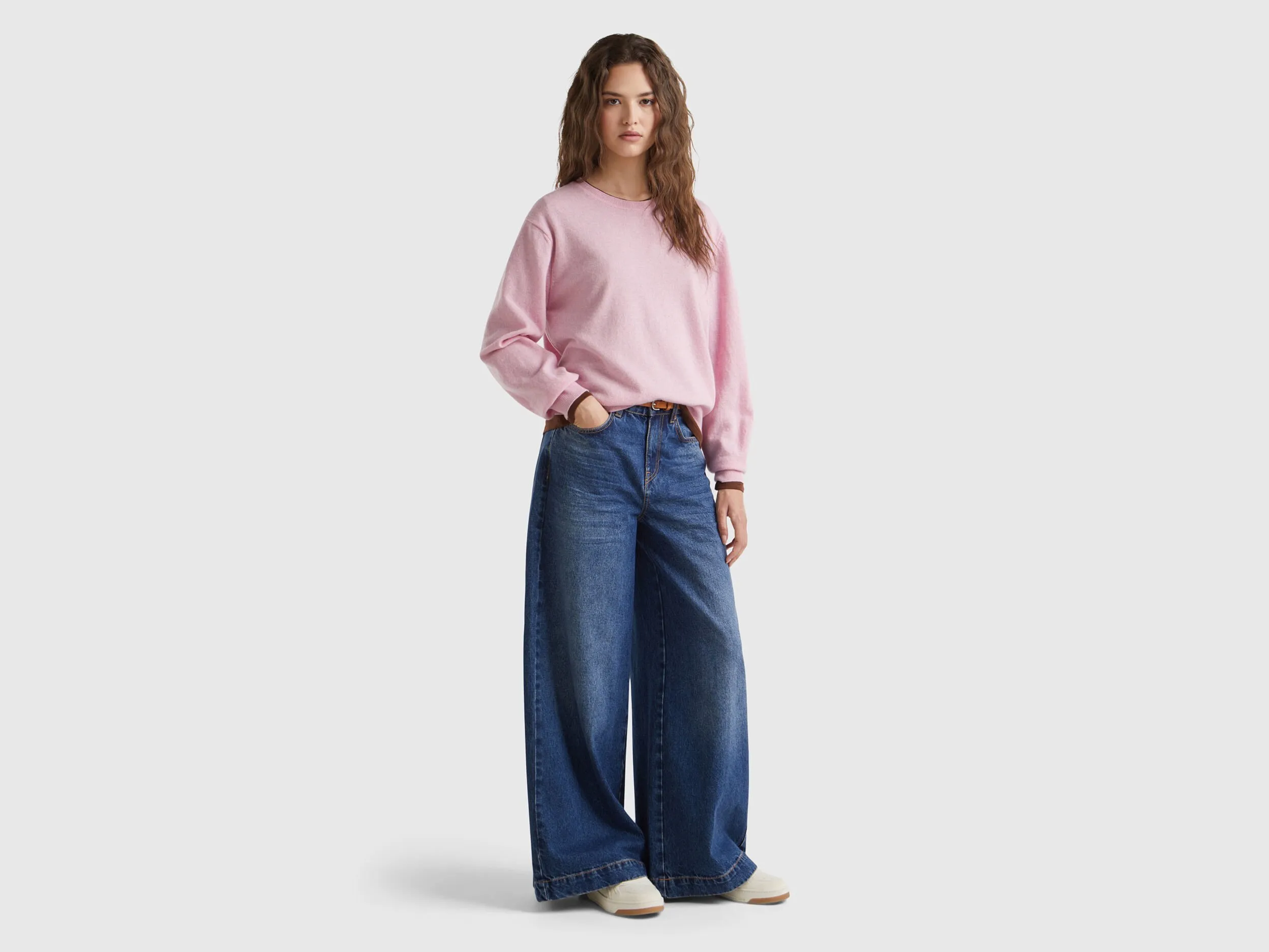 Relaxed fit pure Merino wool sweater - Pink | Benetton