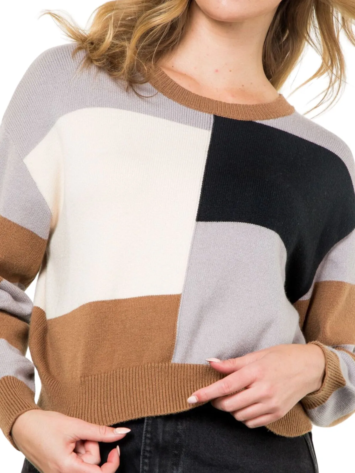 THML Color Block Knit Sweater in Camel