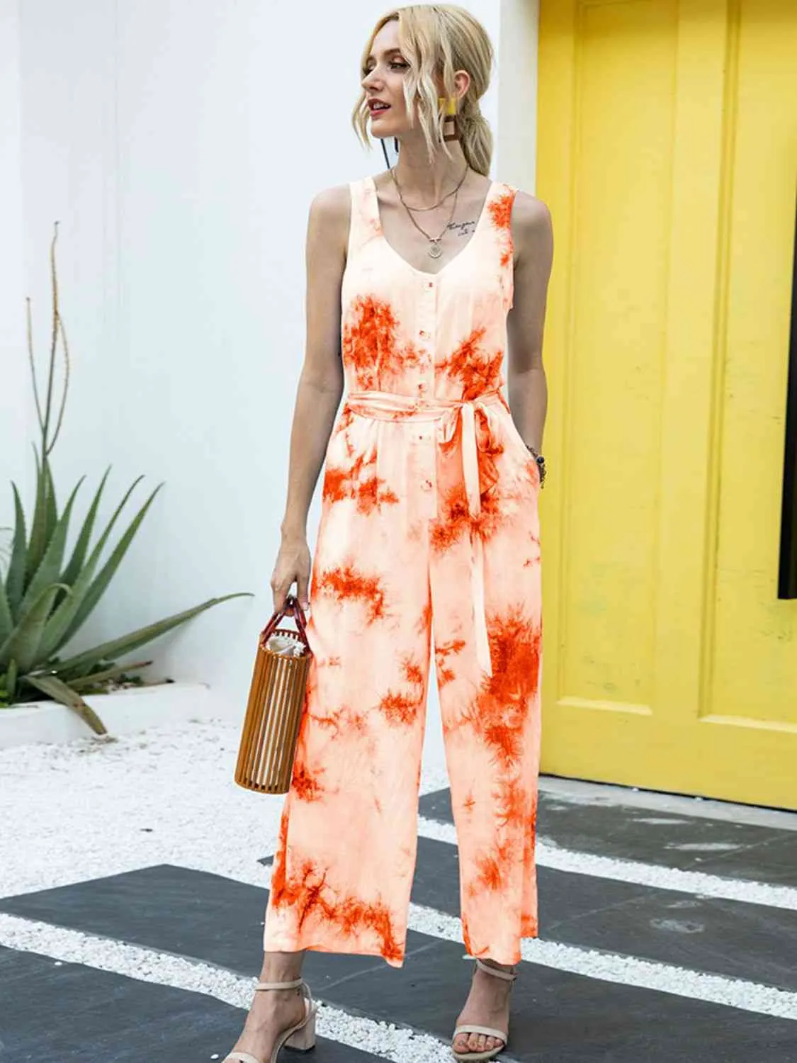 Tie-Dye Tie Waist Sleeveless Jumpsuit