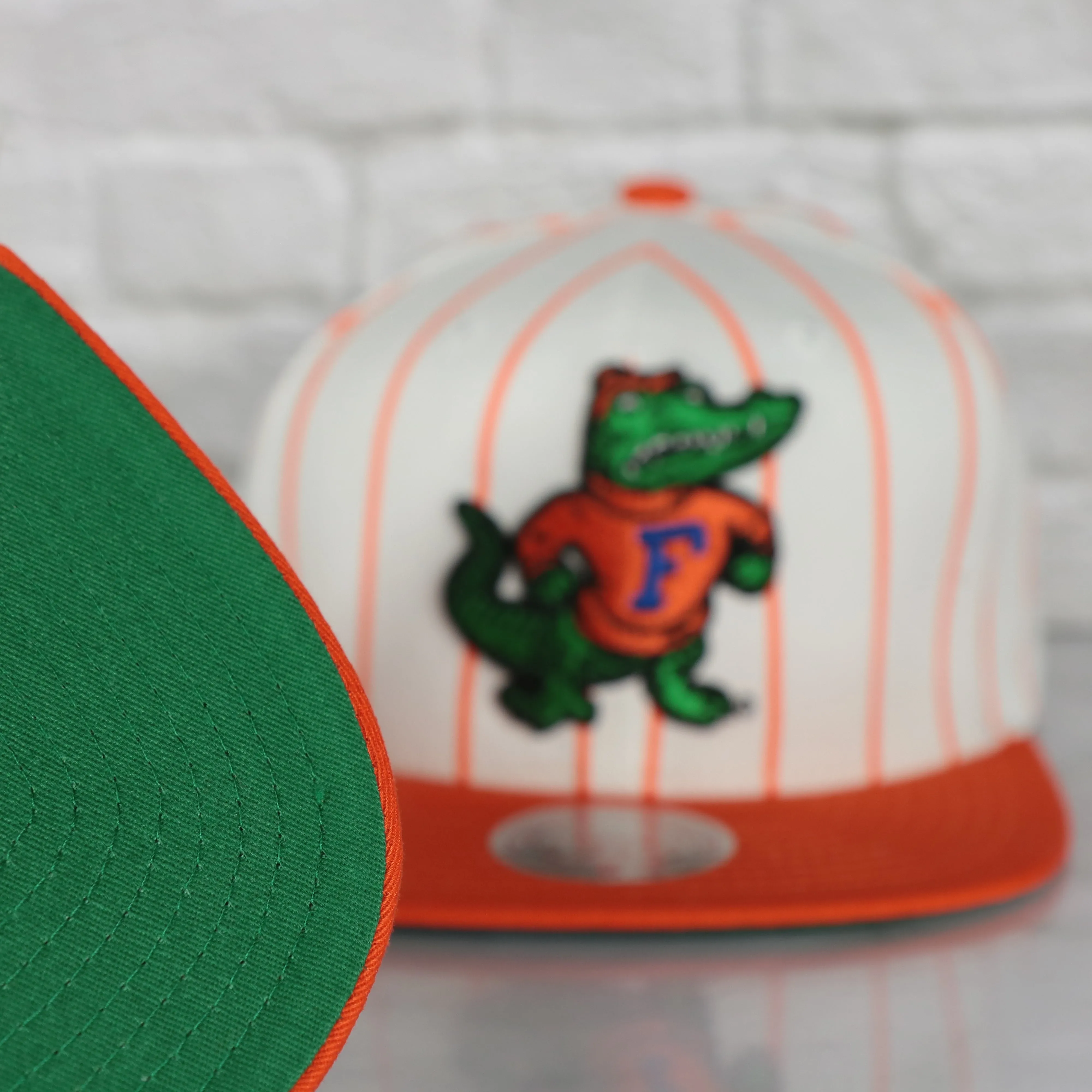 University of Florida Gators Vintage Pinstripe Baseball Hat | Retro Mitchell and Ness White Pinstripe Snapback Hat