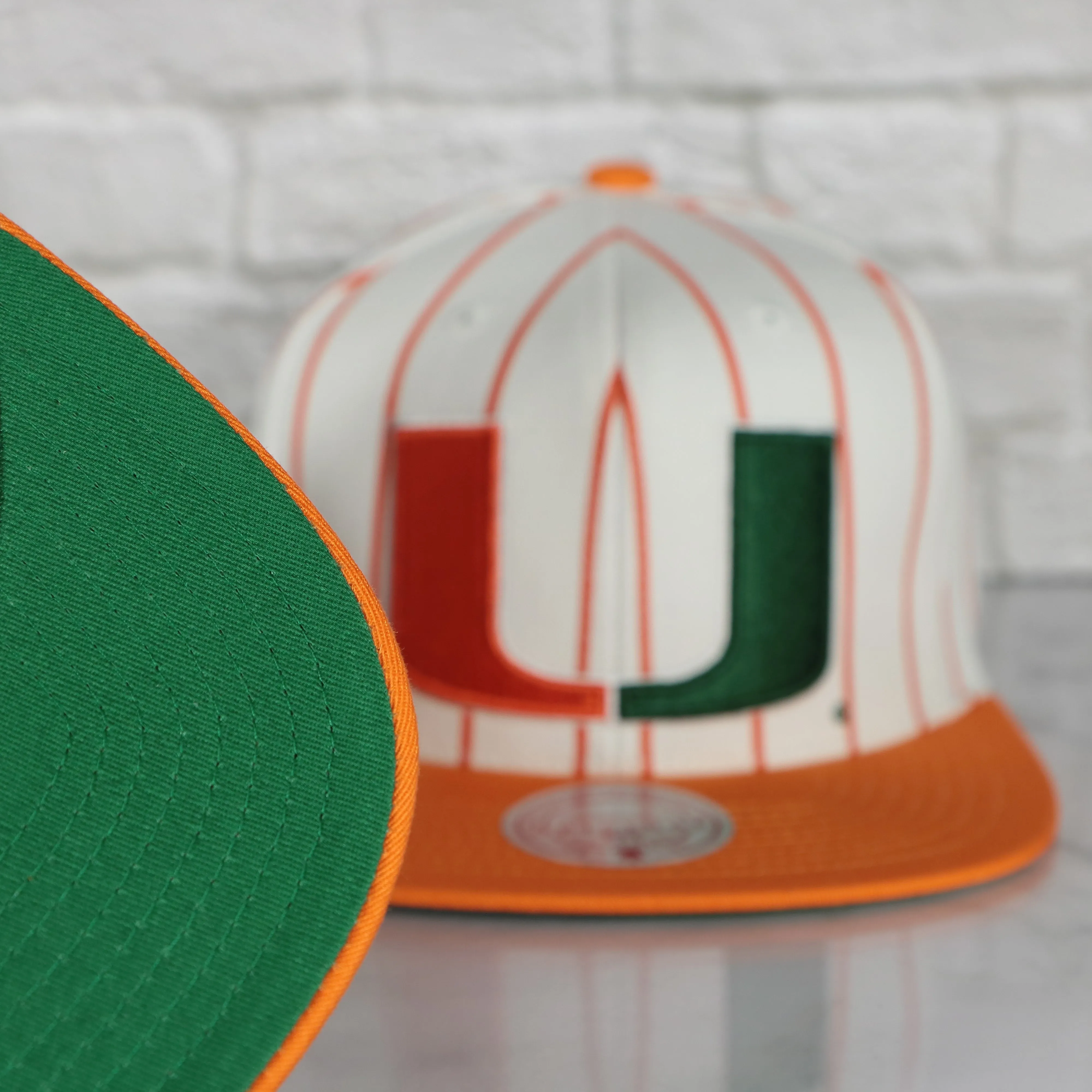 University of Miami Hurricanes Vintage Pinstripe Baseball Hat | Retro Mitchell and Ness White Pinstripe Snapback Hat