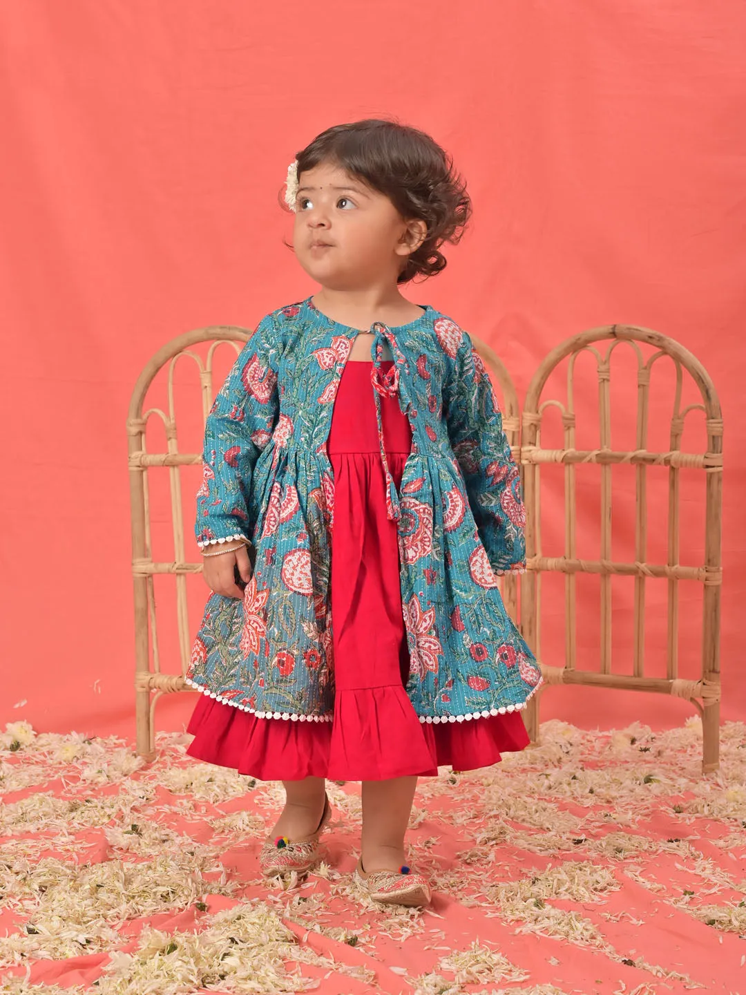 VASTRAMAY Girl's Red Anarkali Dress With Printed Jacket