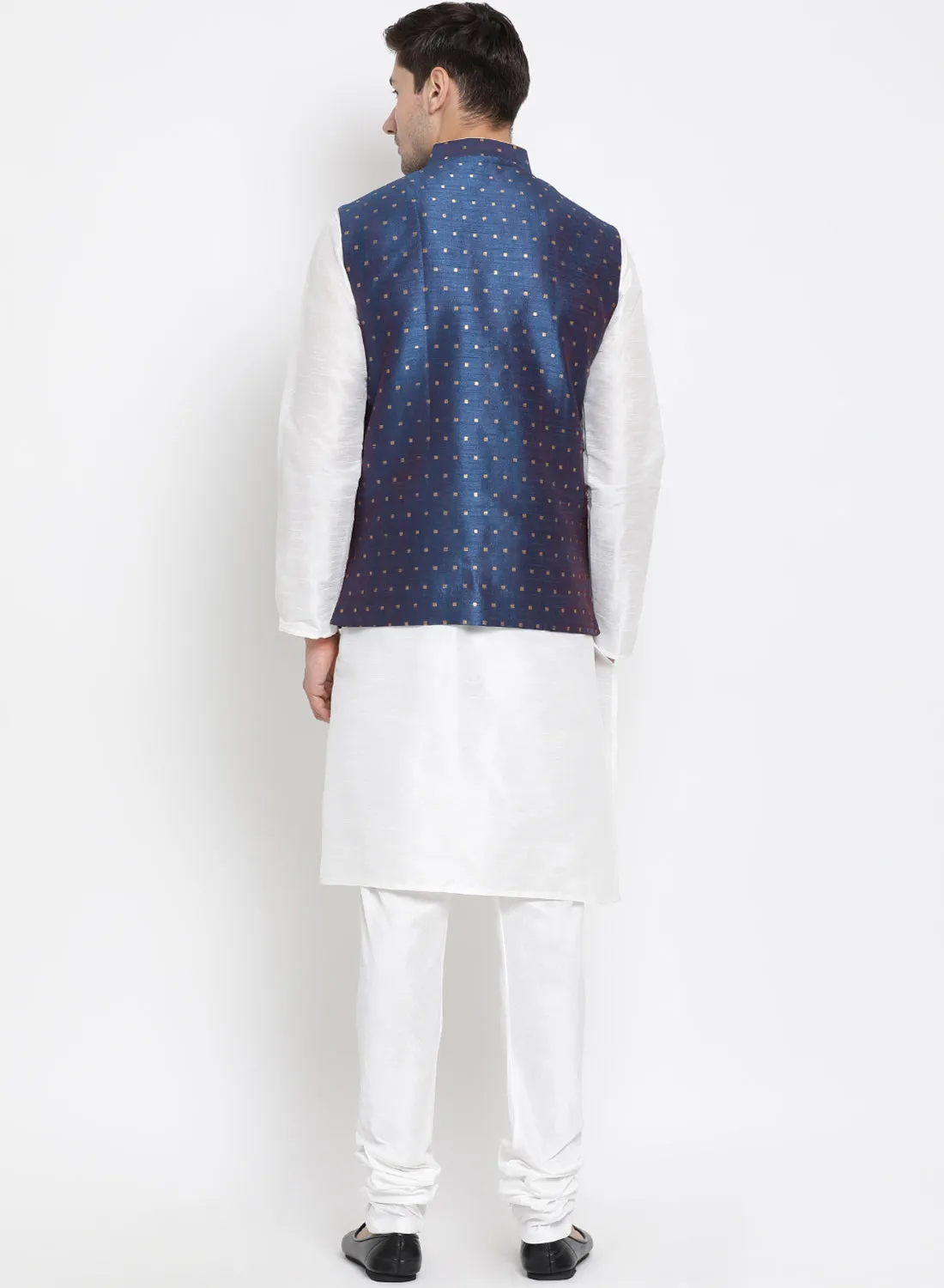 VASTRAMAY Men's Blue Zari Weaved Jacket With Kurta Pyjama Set