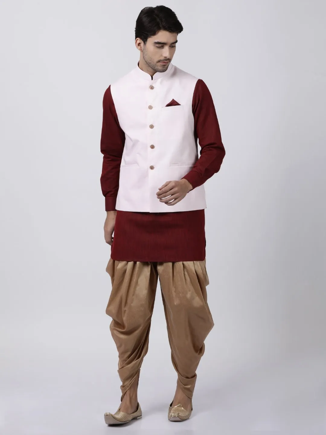 VASTRAMAY Men's Maroon Cotton Blend Ethnic Jacket, Kurta and Dhoti Pant Set