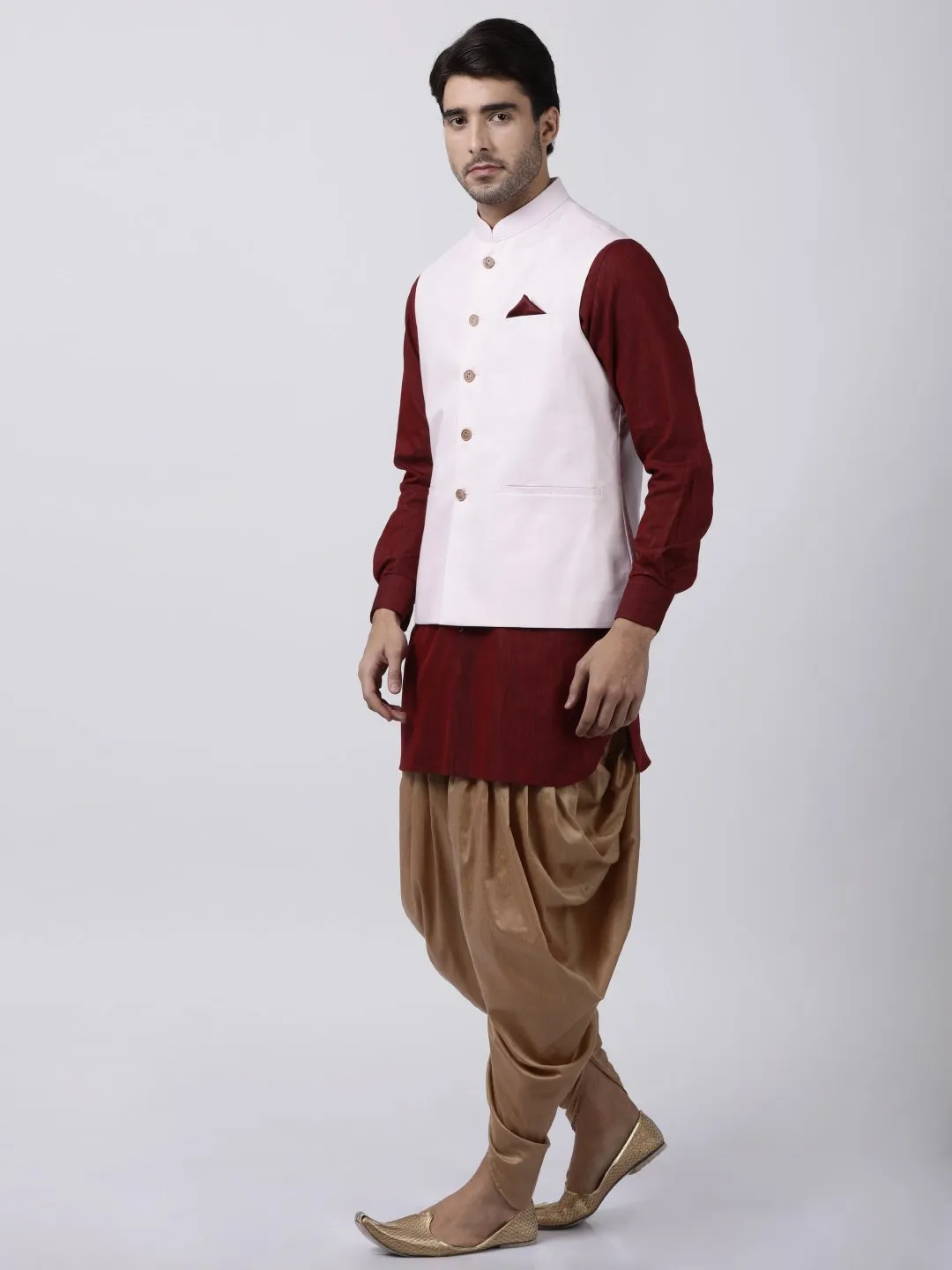 VASTRAMAY Men's Maroon Cotton Blend Ethnic Jacket, Kurta and Dhoti Pant Set