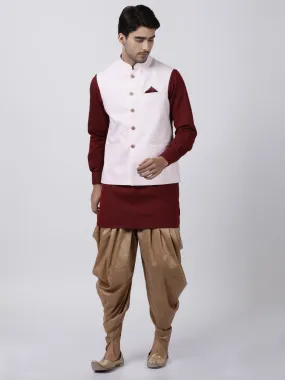 VASTRAMAY Men's Maroon Cotton Blend Ethnic Jacket, Kurta and Dhoti Pant Set