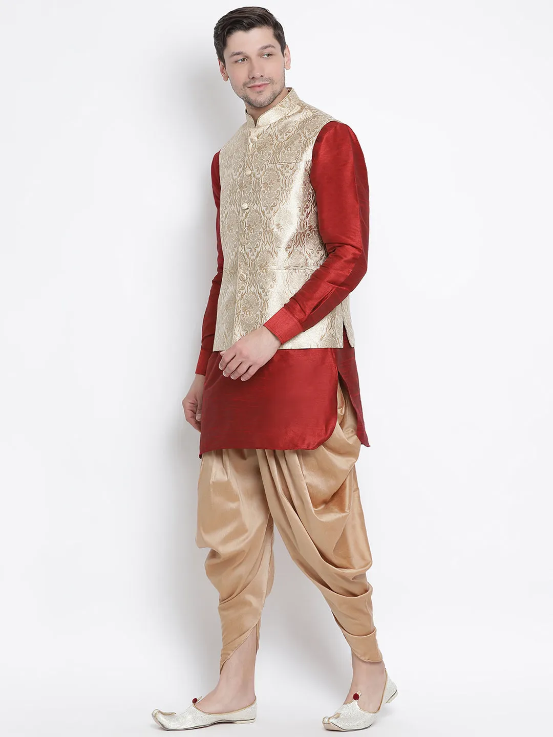 VASTRAMAY Men's Rose Gold Jacquard Jacket With Kurta Dhoti Set