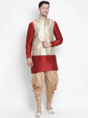 VASTRAMAY Men's Rose Gold Jacquard Jacket With Kurta Dhoti Set