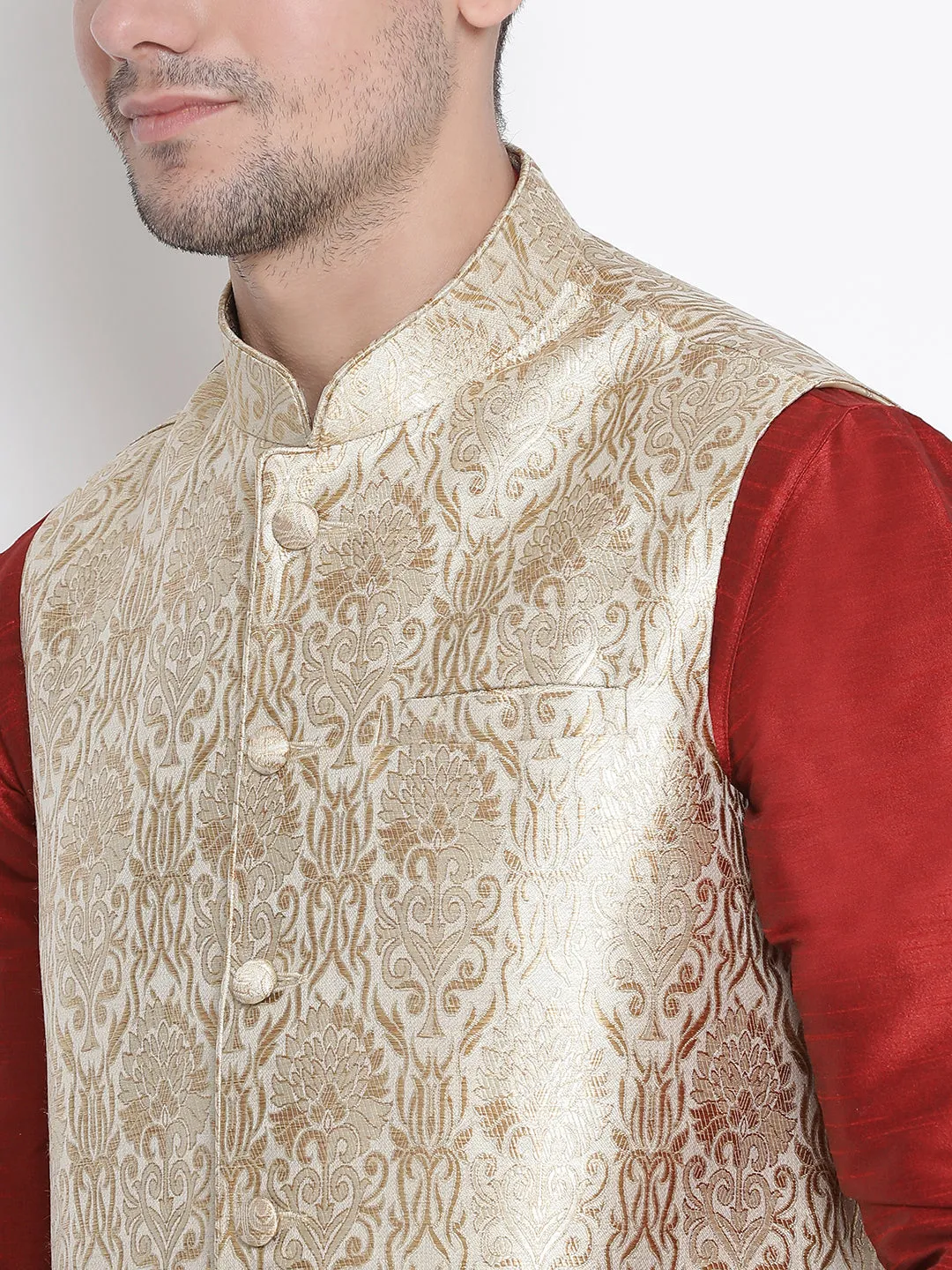 VASTRAMAY Men's Rose Gold Jacquard Jacket With Kurta Dhoti Set