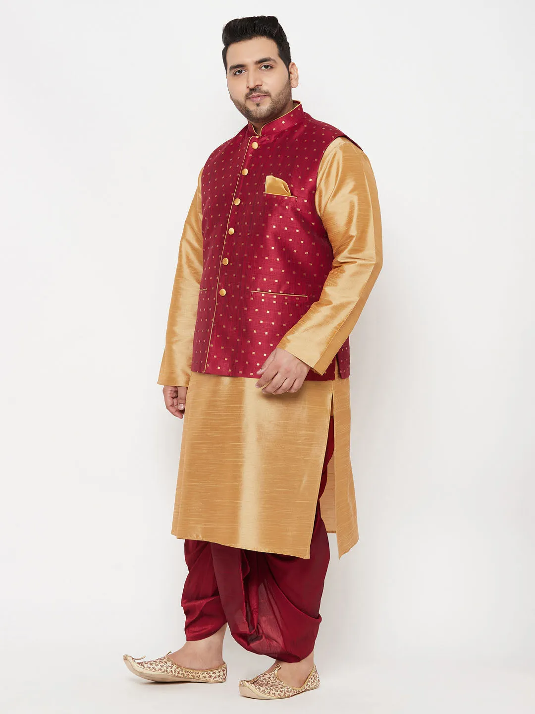 VASTRAMAY PLUS Men's Maroon Zari Weaved Nehru Jacket With Kurta Dhoti set