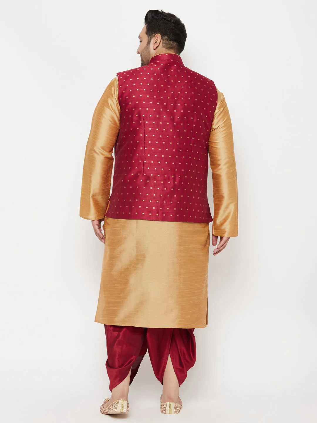 VASTRAMAY PLUS Men's Maroon Zari Weaved Nehru Jacket With Kurta Dhoti set