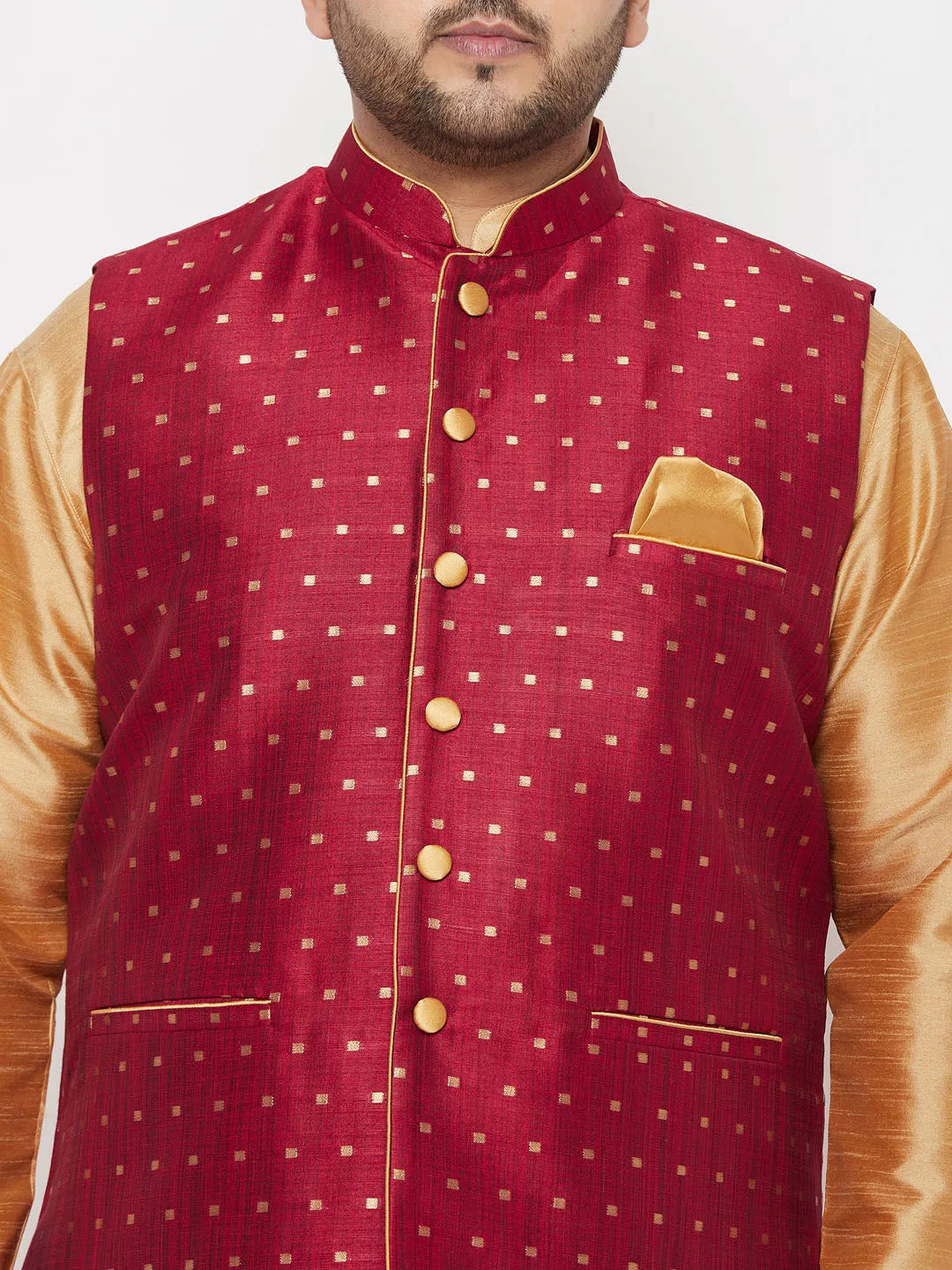 VASTRAMAY PLUS Men's Maroon Zari Weaved Nehru Jacket With Kurta Dhoti set