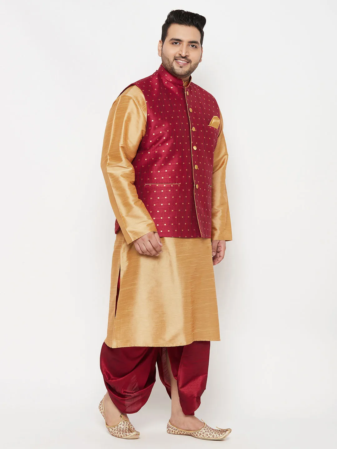 VASTRAMAY PLUS Men's Maroon Zari Weaved Nehru Jacket With Kurta Dhoti set