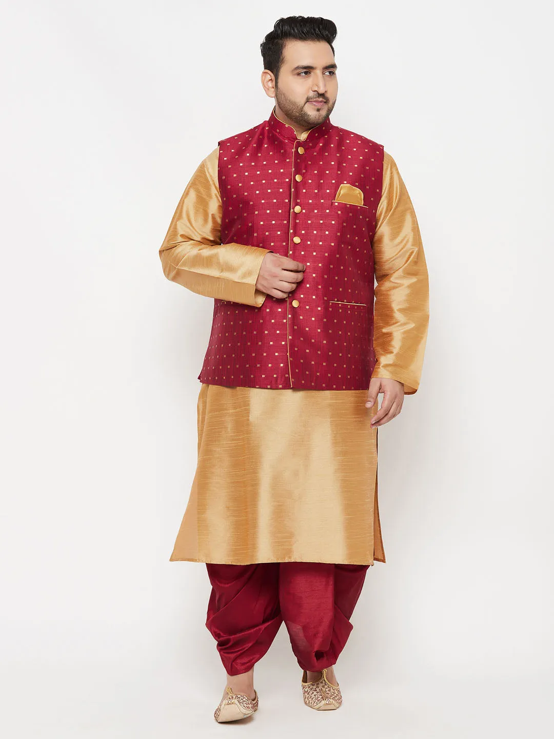 VASTRAMAY PLUS Men's Maroon Zari Weaved Nehru Jacket With Kurta Dhoti set