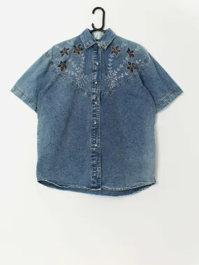 Vintage embroidered denim blouse with studded collar – Large