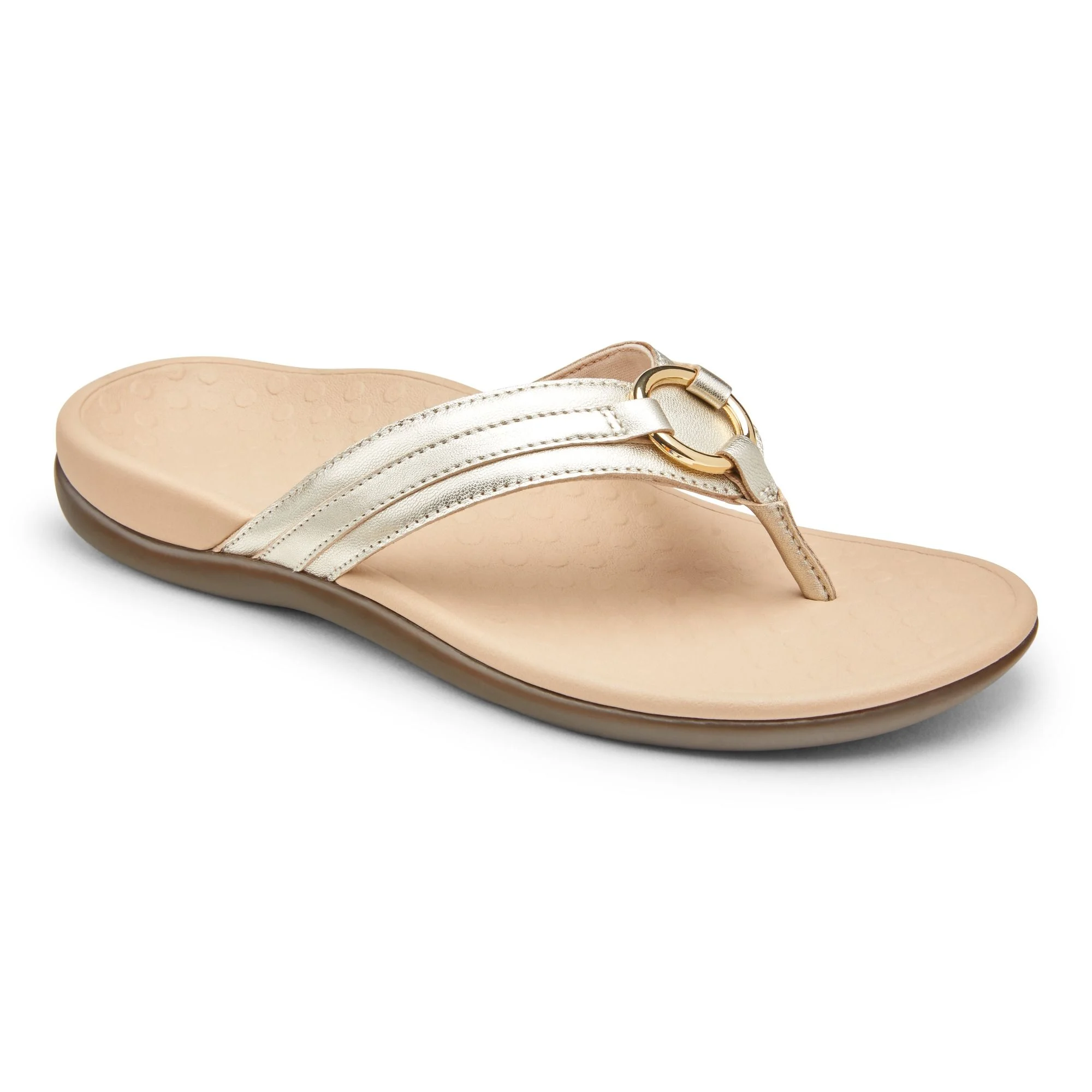 Vionic Womens Tide Aloe Flip Flop Sandal- Champagne Leather