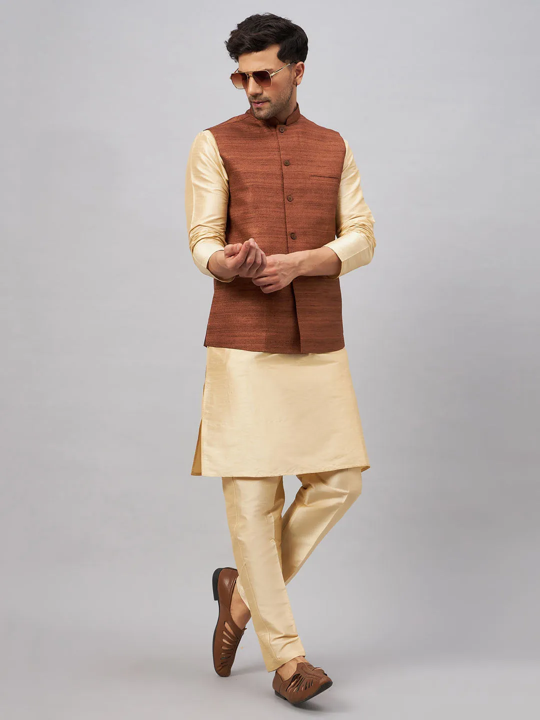 VM BY VASTRAMAY Men's Coffee Jacket With Gold Kurta And Pant Set