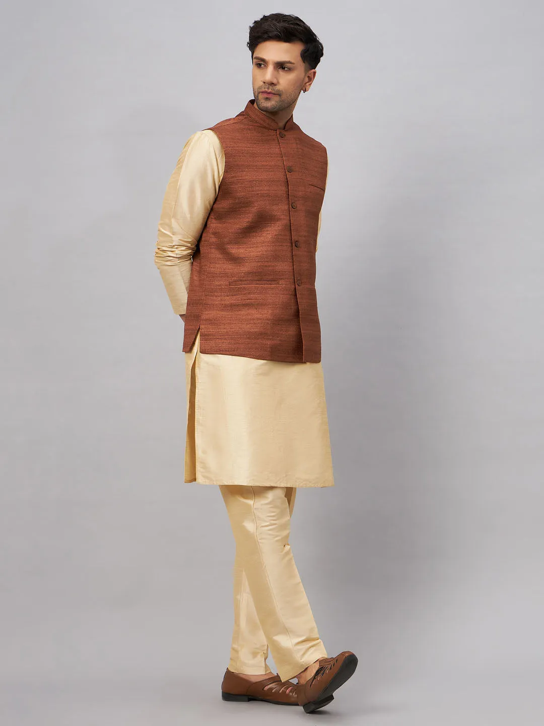 VM BY VASTRAMAY Men's Coffee Jacket With Gold Kurta And Pant Set