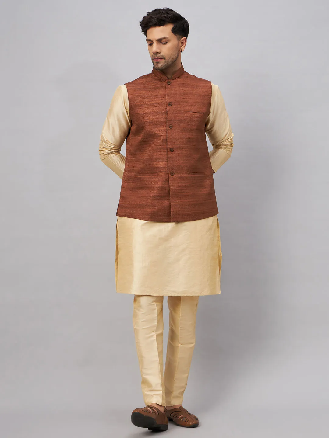 VM BY VASTRAMAY Men's Coffee Jacket With Gold Kurta And Pant Set