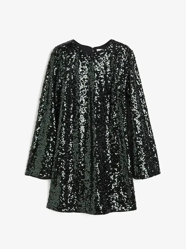 Womens Holiday Long Sleeve Sequins Dress Women O Neck Loose Midi Dresses